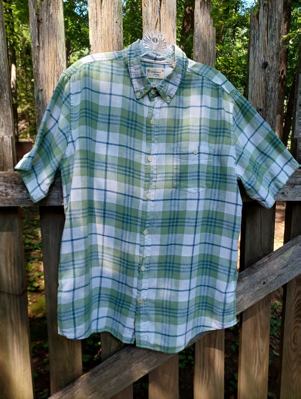 Short-Sleeve Green Plaid Button-Up Shirt - Original Weatherproof Vintage